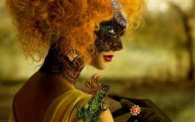 Beautiful blonde girl, fantasy, mask, chameleon HD wallpaper
