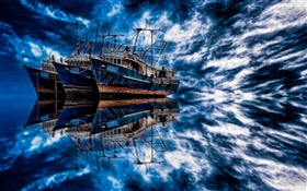 Beautiful ocean scenery, blue sea, boats, clouds, water reflection HD wallpaper