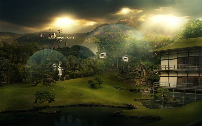Beautiful village, house, animals, birds, butterfly, creative design pictures Wallpapers Pictures Photos Images