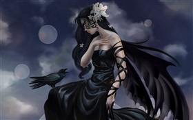 Black dress fantasy girl, crow wizard, wings