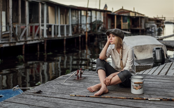 Blonde girl, pose, sitting on floor, dock Wallpapers Pictures Photos Images