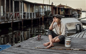 Blonde girl, pose, sitting on floor, dock HD wallpaper