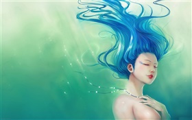 Blue hair fantasy girl, hair flying HD wallpaper