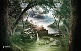 Broken cars, trees, snake, creative design HD wallpaper