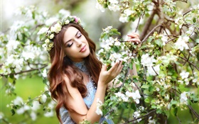 Brown hair girl, apple tree, white flowers blossom