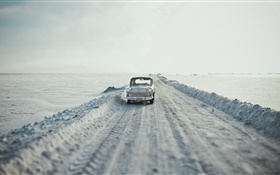 Car, road, snow, retro style HD wallpaper