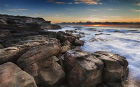 Coast, ocean, rocks, sunrise, beach HD wallpaper