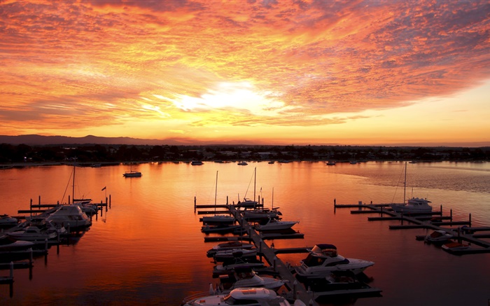 Coast, sea, boats, pier, night, sunset, red sky, clouds Wallpapers Pictures Photos Images