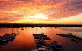 Coast, sea, boats, pier, night, sunset, red sky, clouds