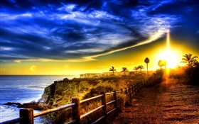 Coast, sea, road, fence, house, sunrise, clouds HD wallpaper