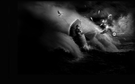 Creative design, little girl, sea, waves, rain, birds HD wallpaper