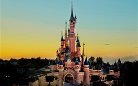 Disneyland, castle, sunset, dusk HD wallpaper