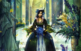 Fantasy girl in hall, blue flower in hand