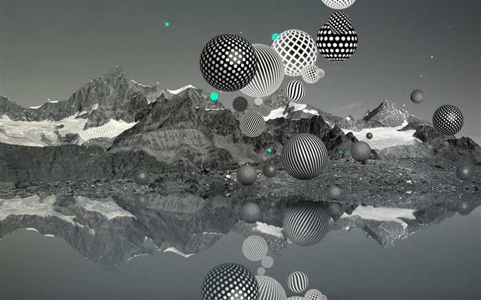 Flight balls, mountains, lake, black and white, creative pictures Wallpapers Pictures Photos Images