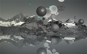 Flight balls, mountains, lake, black and white, creative pictures HD wallpaper