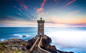 France, Finistere, Kermorvan lighthouse, sea, coast, sunset HD wallpaper