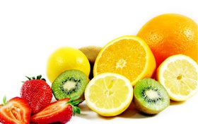 Fruits close-up, orange, lemon, kiwi, strawberries