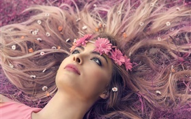 Girl lying ground, lips, wreath, flowers, long hair