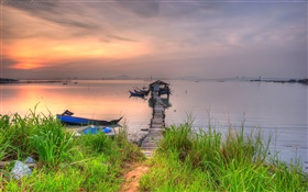 Grass, river, pier, bridge, sunset HD wallpaper