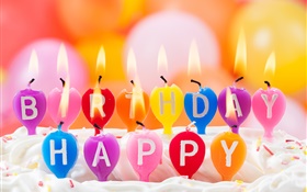 Happy Birthday, colorful candles, fire, cake