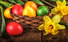 Happy Easter, colorful eggs, decoration, yellow daffodils HD wallpaper