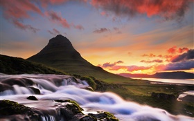 Iceland, Kirkjufell, mountain, waterfall, morning, sunrise HD wallpaper
