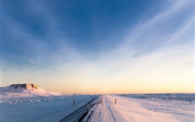 Iceland, winter, snow, road, morning, sky HD wallpaper