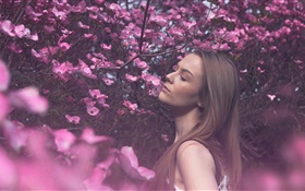 Long hair girl in the pink flowers world HD wallpaper
