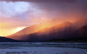 Mountains, sunrise, dawn, fog, clouds HD wallpaper