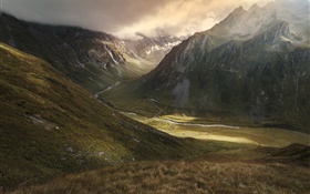 Mountains, valley, river, clouds, nature landscape HD wallpaper