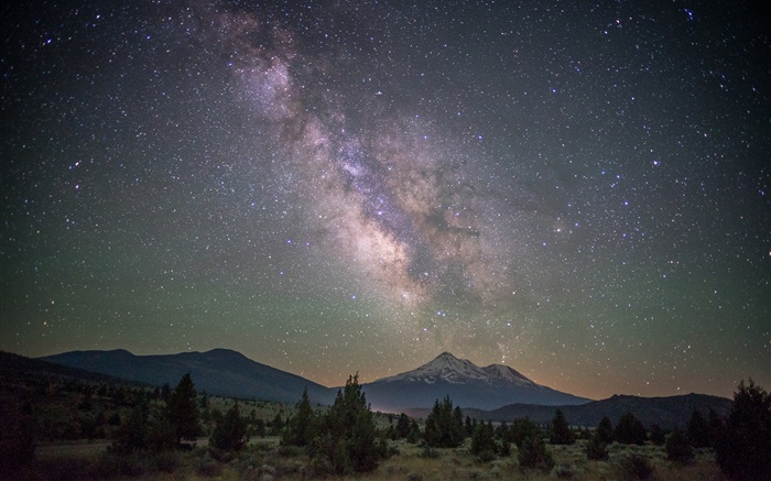 Mountains, valley, trees, space, stars, night Wallpapers Pictures Photos Images