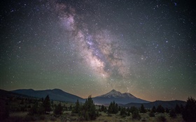 Mountains, valley, trees, space, stars, night