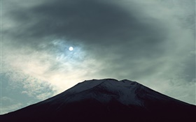 Night view Mount Fuji, moon, clouds, Japan HD wallpaper