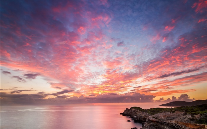 Ocean, coast, rocks, sunset, red sky, beautiful landscape Wallpapers Pictures Photos Images
