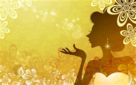 Orange style, vector girl, flowers, butterfly HD wallpaper