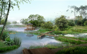 Park view, lake, ducks, trees, pavilion, grass, birds, 3D render pictures HD wallpaper