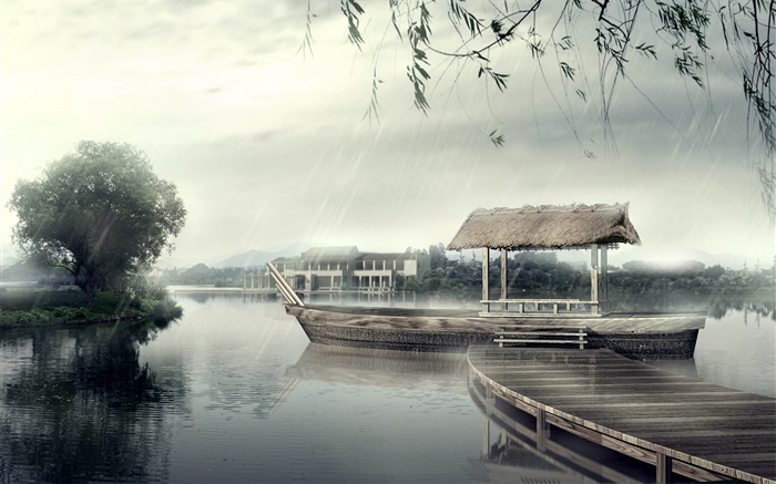 Pier, boat, river, trees, rainy day, 3D design Wallpapers Pictures Photos Images