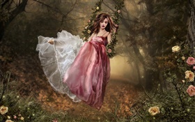 Pink dress fantasy girl sit on swing HD wallpaper