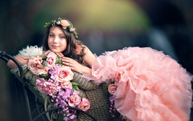 Pink dress girl, flowers, wreath