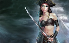 Pirate girl, ship, fantasy art HD wallpaper