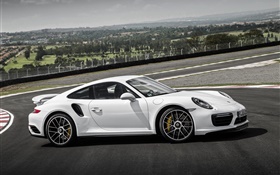 Porsche 911 Turbo S white coupe side view HD wallpaper