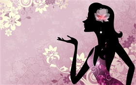 Purple background, vector girl, flowers HD wallpaper