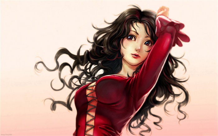 Red dress fantasy girl, curly hair Wallpapers Pictures Photos Images