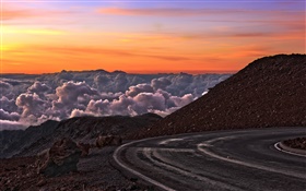 Road, mountains, red sky, clouds, sunset HD wallpaper
