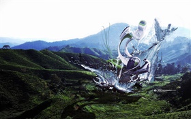Robot monster, water splash, mountains, creative design pictures HD wallpaper