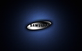 Samsung metal logo, blue background HD wallpaper
