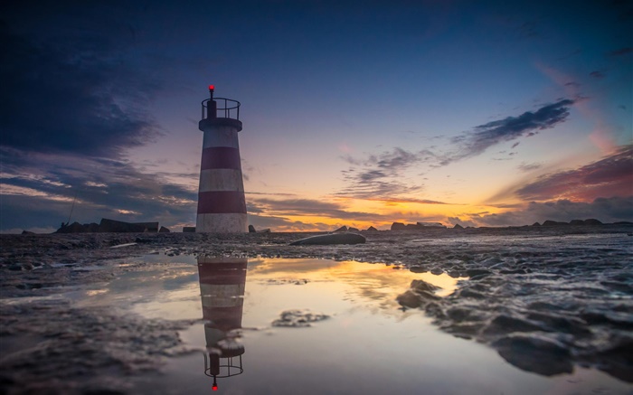 Sea, coast, lighthouse, rocks, sunset Wallpapers Pictures Photos Images