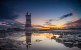 Sea, coast, lighthouse, rocks, sunset HD wallpaper