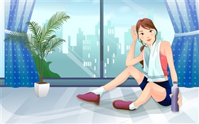 Sport girl, window, city, vector pictures HD wallpaper