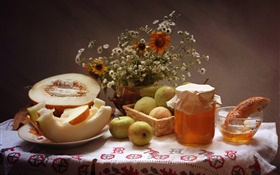 Still life, food, flowers, apples, honey, cantaloupe HD wallpaper